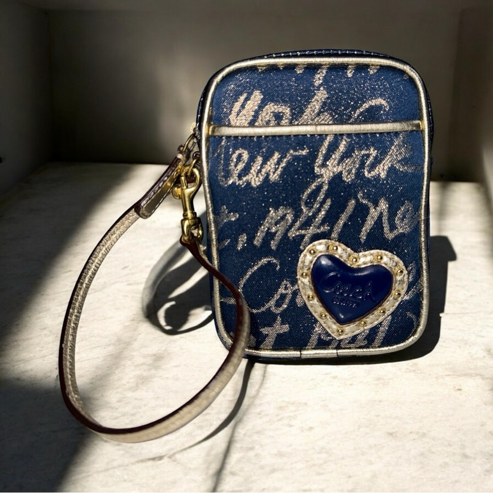 Coach Denim Script Heart Wristlet in Navy with Gold Trim